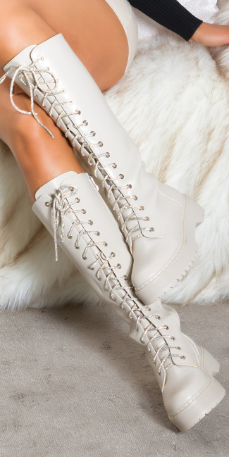Trendy Biker Look Boots with glitter laces Beige
